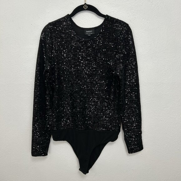 $140 Bardot Shimmer Black Long Sleeve Sequin Bodysuit Size S One-piece Holidays - Picture 1 of 11
